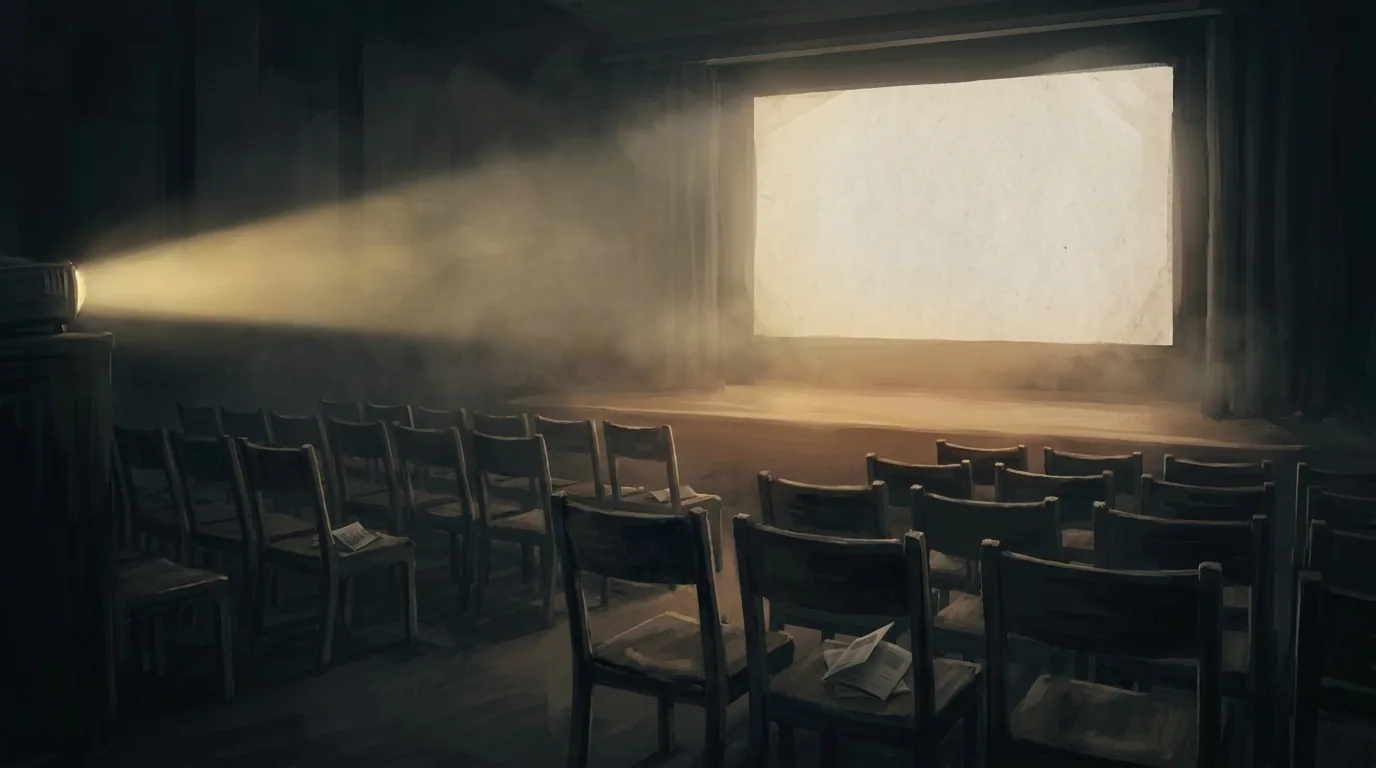 Small auditorium after hours, projector beam on a paper screen